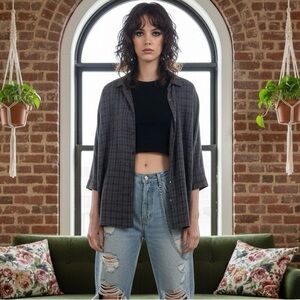 Eileen Fisher Vintage Y2K Plaid Oversized Button Front Top | Black/Grey | One Sz